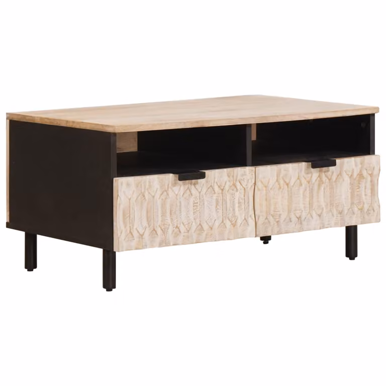 vidaXL Tavolino da salotto moderno in legno di mango con cassetto, Bianco/Multicolore, L: 80 cm, P: 54 cm, H: 40 cm