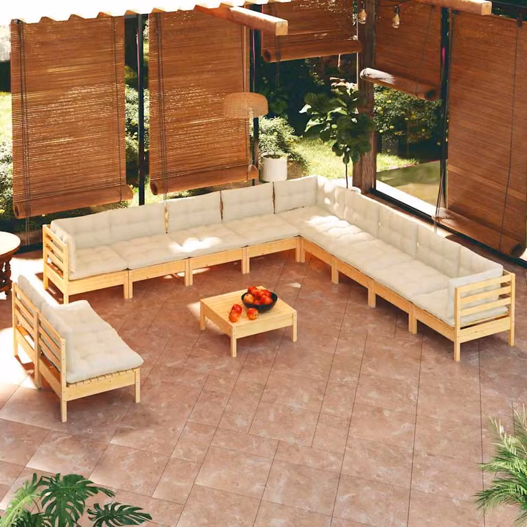 Set di Divani da Giardino vidaXL a Forma di L in Legno Massello di Pino con Cuscini Beige