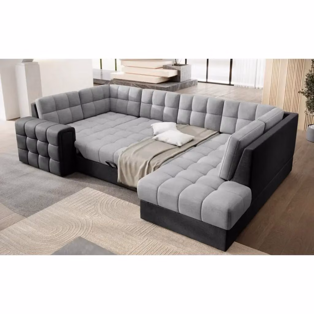 Divano angolare trasformabile MONTEZA MEUBLORAMA nero e grigio con letto e vano contenitore, forma a U, L 299 cm x P 198 cm x H 82 cm – 2