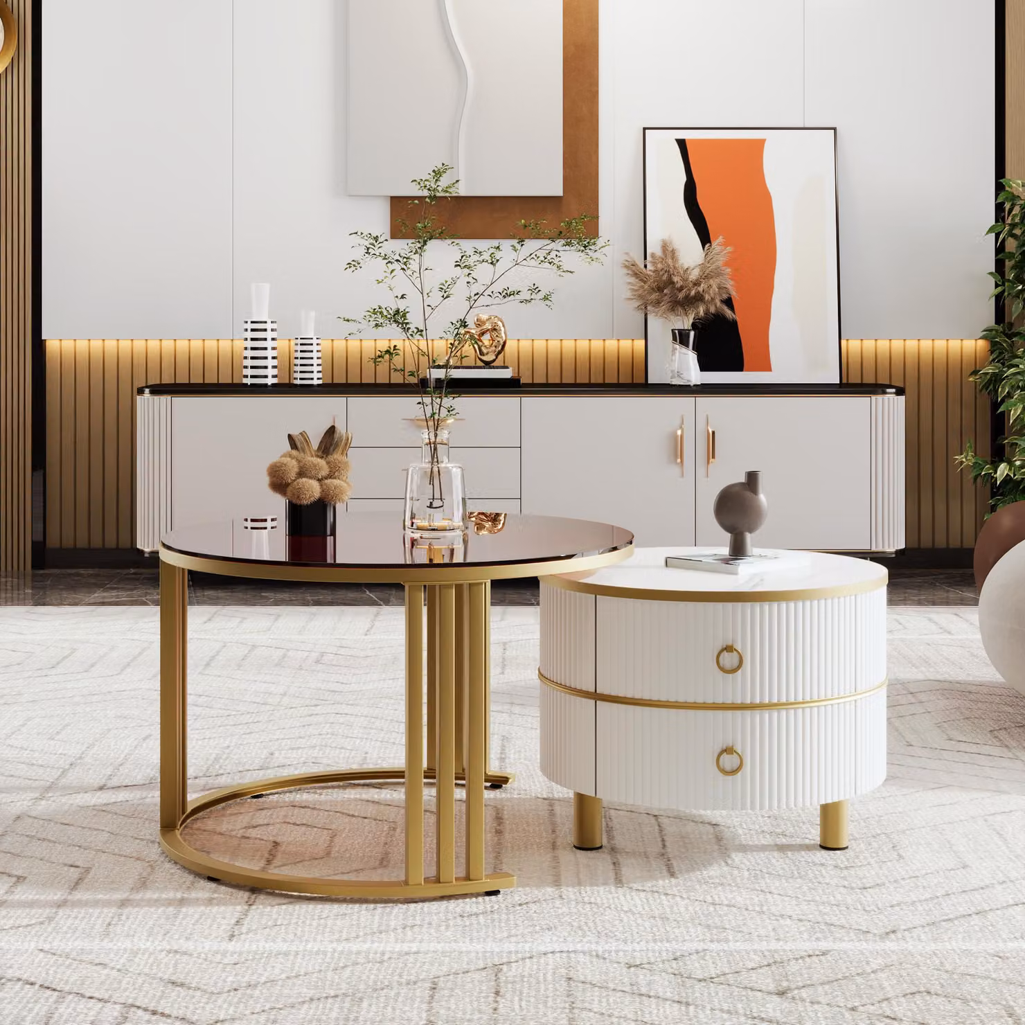 Tavolino rotondo Sweiko 2 in 1 in MDF, tavolino con 1 piano bianco e 1 piano in vetro temperato marrone, combinazione di tavolino con 2 cassetti per il soggiorno, 70x70x45 + 50x50x40 cm