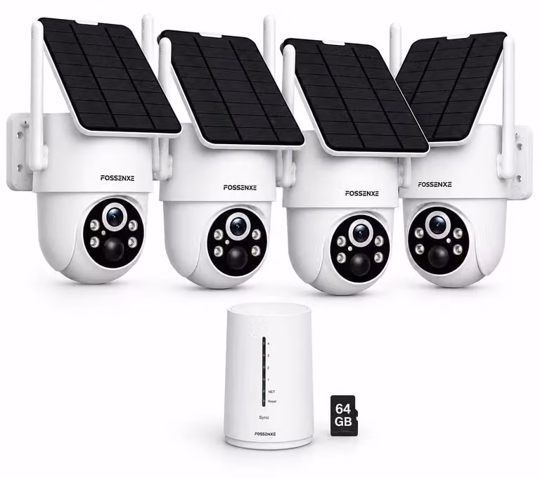 Telecamera PTZ solare wireless, risoluzione 4MP, visuale panoramica a 360°, kit con 4 telecamere WiFi