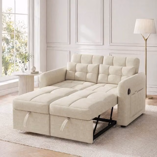 Divano letto 2 posti 3-in-1 beige con schienale regolabile; USB e tasche laterali HOMVRA