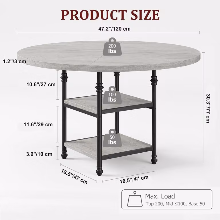 Tavolo rotondo da pranzo, grigio, diametro 120 cm, con spazio contenitivo, per 4-6 persone, in metallo