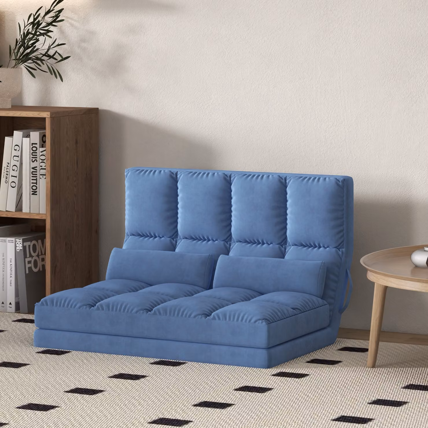 Divano Letto da Pavimento HOMCOM Pieghevole in Velluto Blu con Schienale Regolabile L: 102 cm, P: 73 cm, H: 60 cm – 2