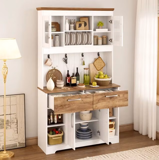 Credenza da cucina 106x39x176,5 cm in truciolare bianco e legno, contenitore –