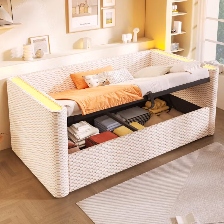 MODFU Daybed 90x200 Daybed con LED e rete a doghe, Divano letto con meccanismo di stoccaggio idraulico, letto per ragazzi con spazio di archiviazione, con materasso, Beige