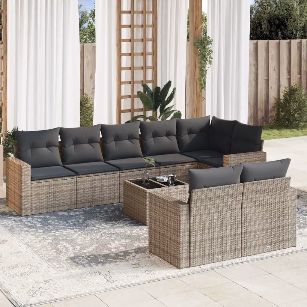 Set Divano da Giardino a L vidaXL 9 pz in Polyrattan Grigio con Cuscini e Tavolino – 1