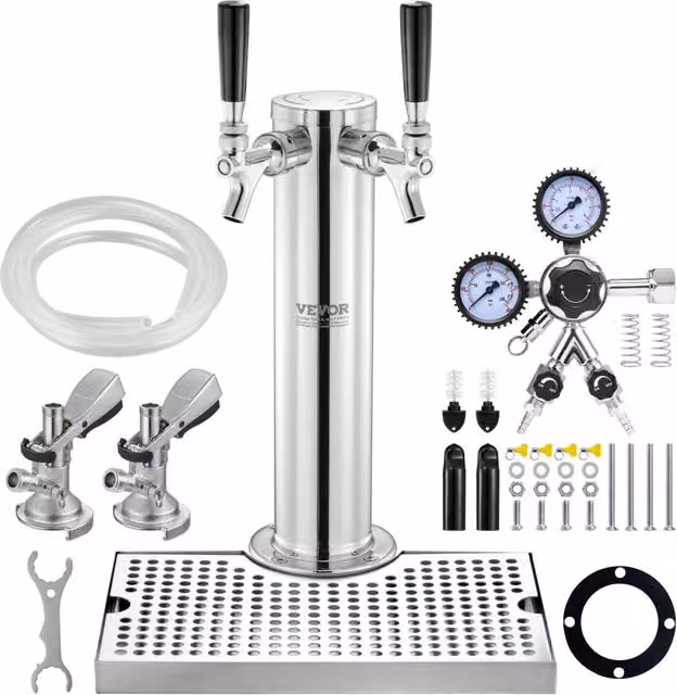 Distributore Torre Birra Vevor in Acciaio Inox Argento con Doppio Rubinetto, Regolatore W21,8 e Doppio Manometro, L/P/H: 43,5 x 21,8 x 17,5 cm – 1