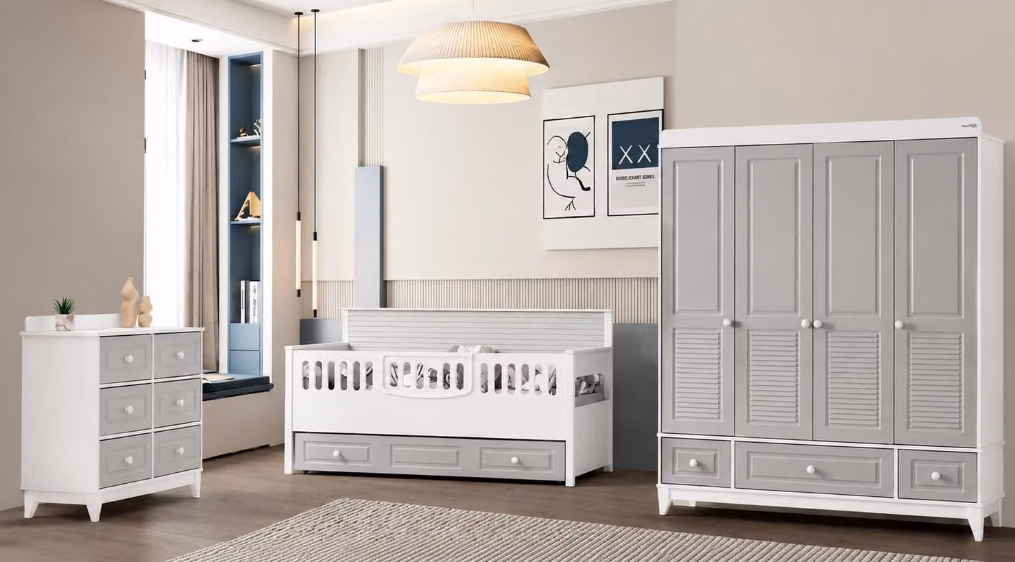 Arredamento bianco e grigio, con letto singolo, armadio e cassettiera