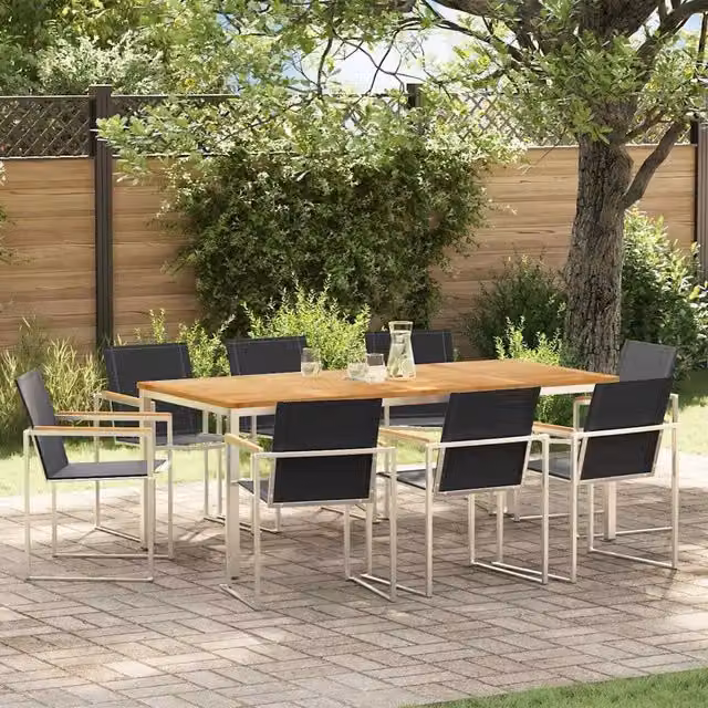 Set da pranzo per giardino e terrazza vidaXL in legno di teak e acciaio inossidabile marrone, 9 pezzi – 1