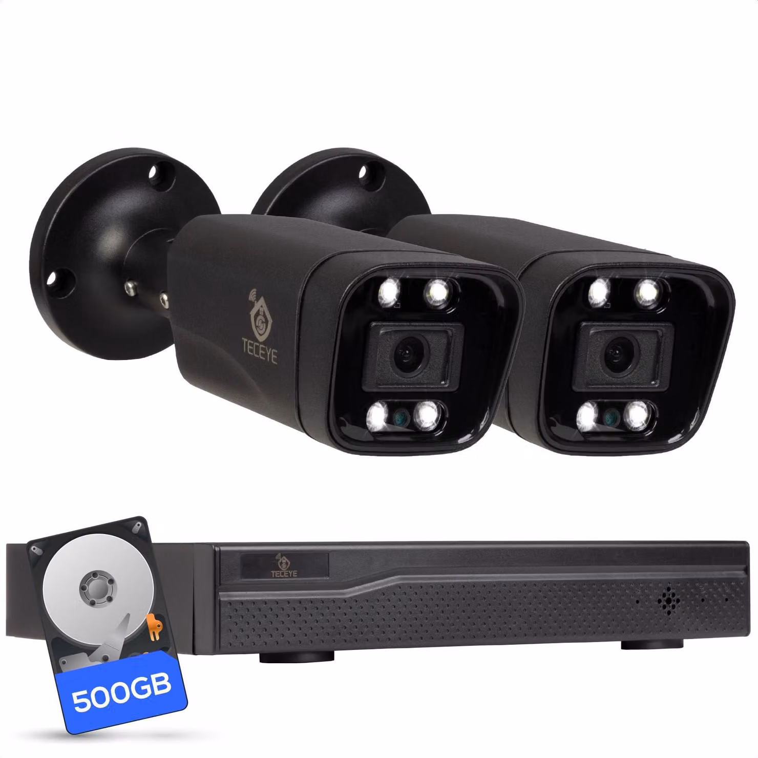 Telecamera di sicurezza esterna - 2 telecamere da 5MP PoE - Disco rigido da 500 GB - Visione notturna a 20 metri - Grado di protezione IP66 (resistente all'acqua) - Registrazione locale - Colore nero