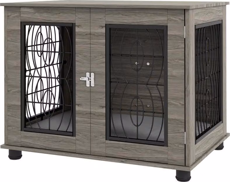Cuccia per cani con cuscino, fino a 20 kg/50 cm di lunghezza, metallo, 80x56x63 cm, grigio/finitura legno