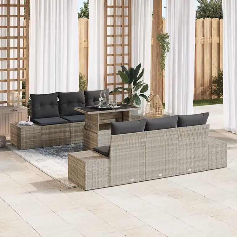Set Divano da Giardino vidaXL 7 Pezzi a Forma di U in Colore Grigio con Cuscini e Tavolino