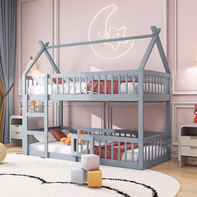 Letto a Castello per Bambini 90x200 cm con Scala, Struttura in Legno Massello Grigia, Design Loft