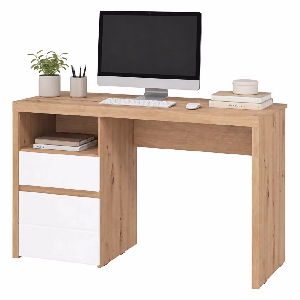 Scrivania Flam DMORA con cassettiera, Marrone Rovere e Bianco, L: 127 cm, P: 52 cm, H: 77 cm – 2