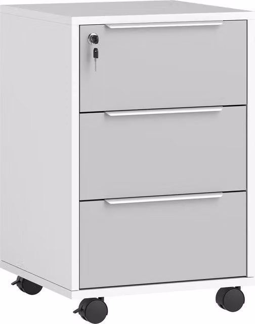 Schedario da ufficio HOMCOM con 3 cassetti, chiavi di sicurezza e 4 ruote, in legno, Bianco e Grigio, L/P/H: 40 x 40 x 63,5 cm