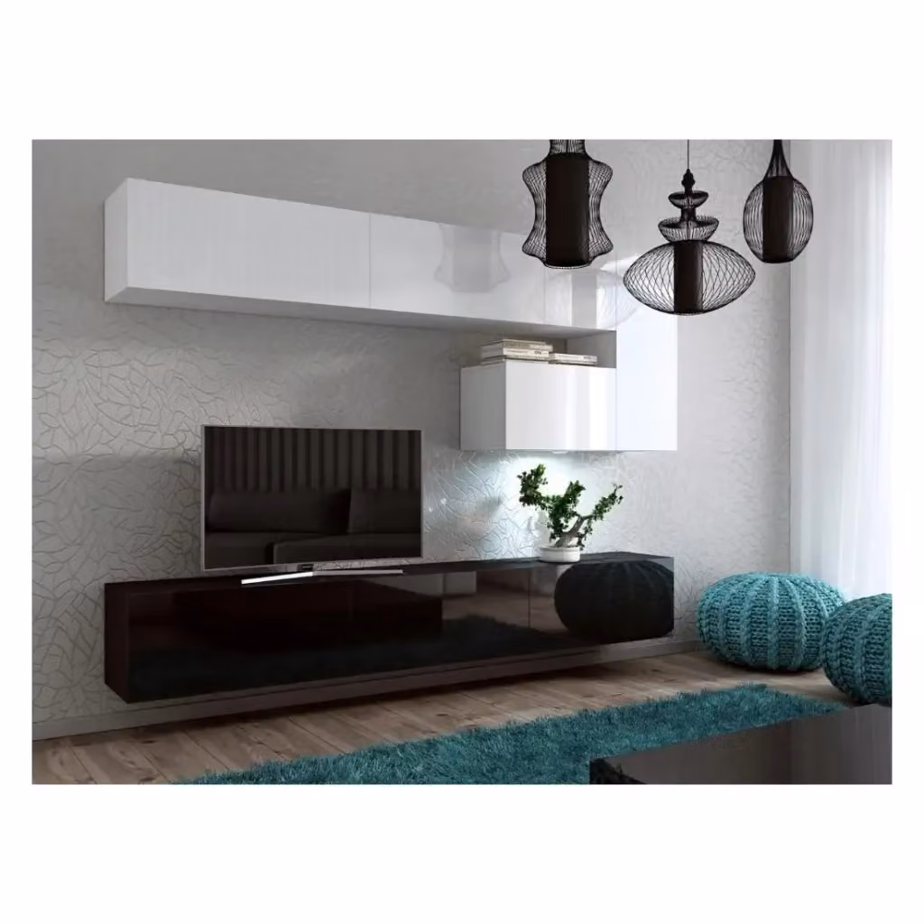Set di mobili da salotto sospesi Meublorama collezione CEPTO XV, composto da 8 elementi con illuminazione LED integrata, bianco e nero, L: 251 cm – 2