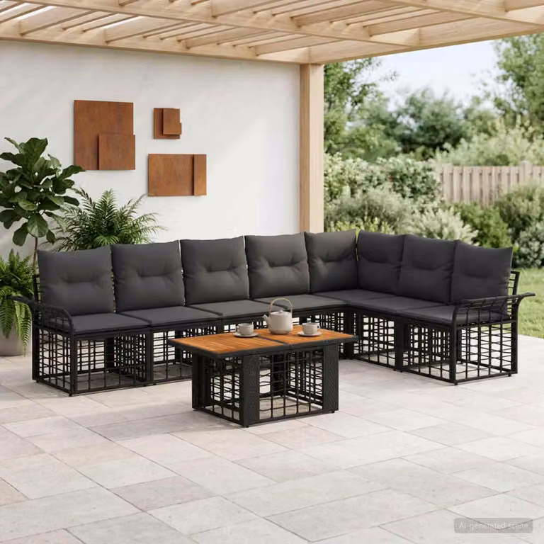Set Divano da Giardino vidaXL 8 pz in Polyrattan con Tavolino e Cuscini, L-Shape, Nero e Grigio