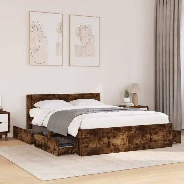Giroletto con Testiera-Struttura Letto con testiera Rovere Fumo 120x190 cm Legno Multistrato 583209