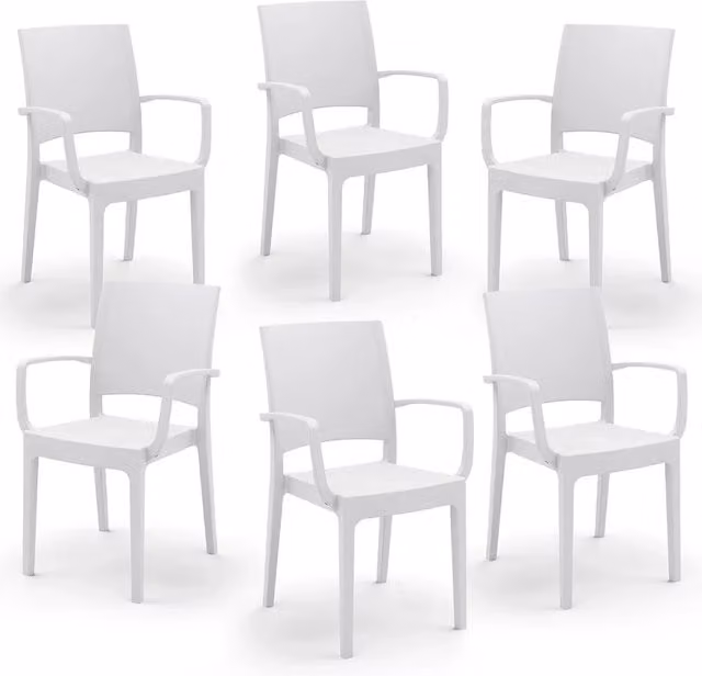 Set 6 sedie con braccioli in polipropilene FLORA, MADE IN ITALY, impilabile, resistente ai raggi UV, design moderno, ideale per interno ed esterno, colore Bianco