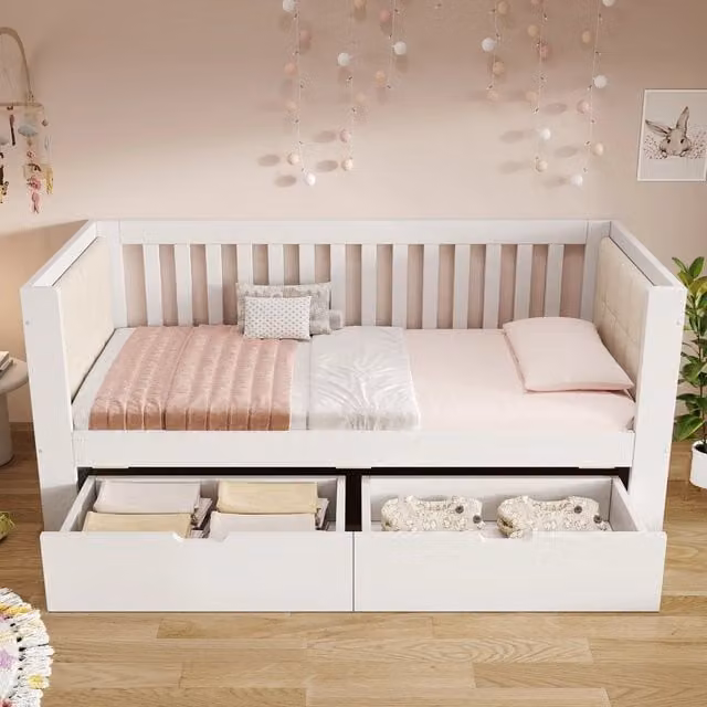 Letto daybed REDOM in legno di pino bianco con 2 cassetti L/P/H: 90 x 190 x 74 cm