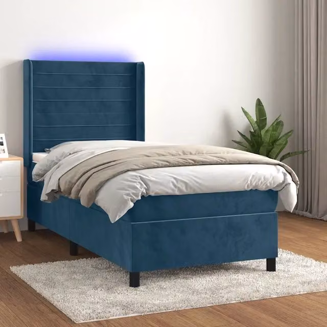 Letto a molle con materasso vidaXL in velluto blu e bianco con illuminazione LED sottostante e porta USB, L/P: 90 x 190 cm