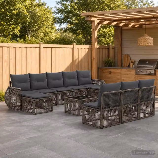 Set Divano da Giardino vidaXL a forma a U in Polyrattan con Cuscini e Tavolino, Grigio e Antracite