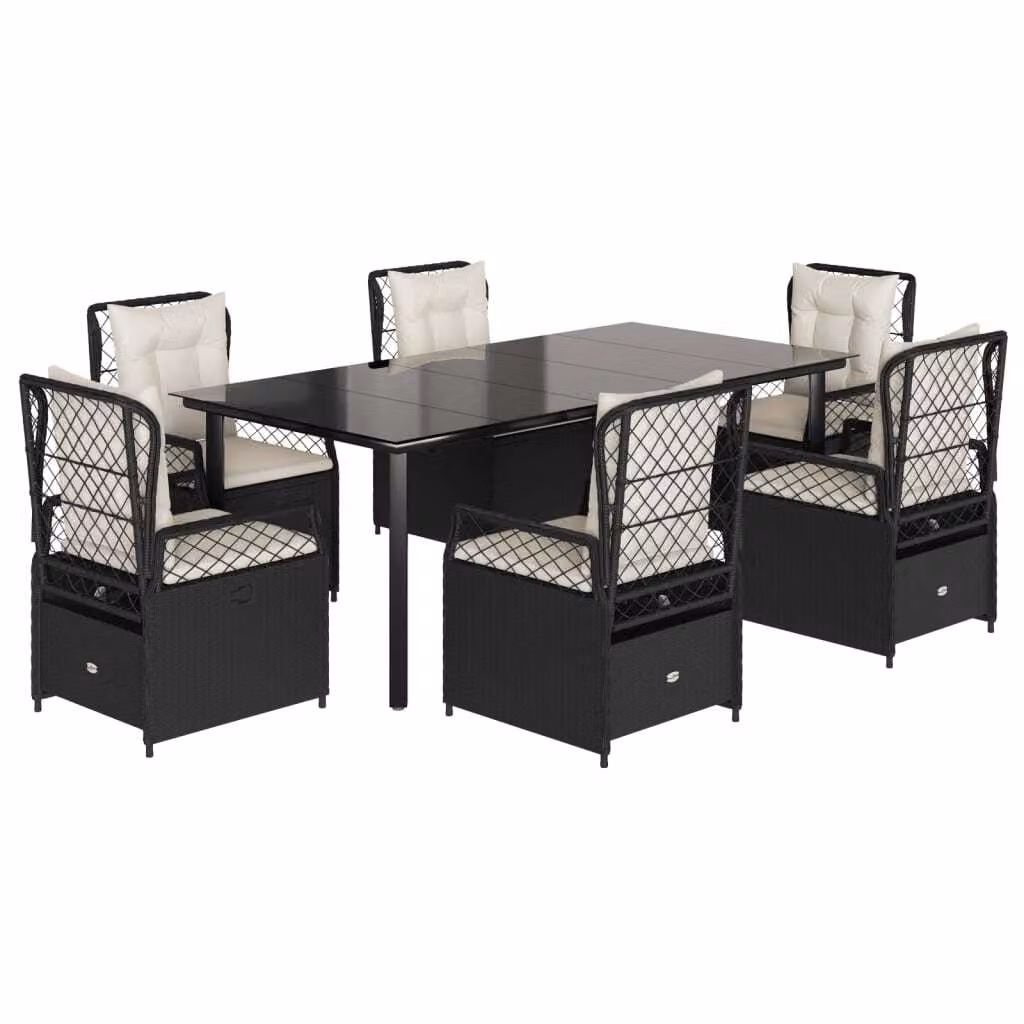 Set da Pranzo da Giardino 7 pz Nero con Cuscini in Polyrattan
