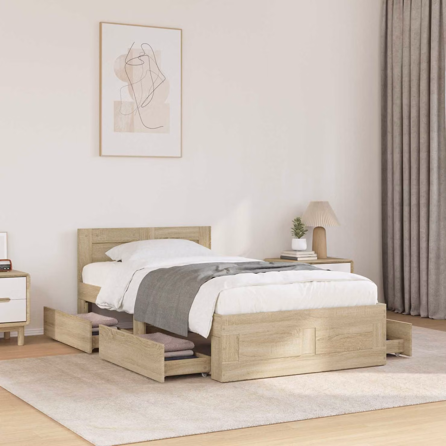 Set di 2 strutture letto vidaXL in legno ingegnerizzato color rovere sonoma con cassetti