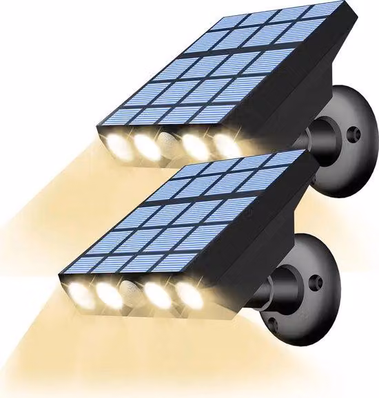 Due faretti da terrazza a energia solare con sensori di movimento, tre livelli di regolazione, lampade a LED impermeabili, luce bianca calda.
