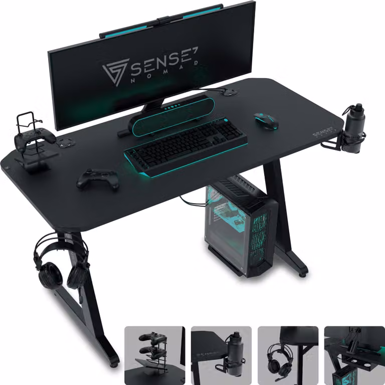 Tavolo da gaming SENSE7 Nomad Classic - Scrivania 120x60 cm con tappetino per mouse XXL - Tavolo per computer, tavolo per PC, scrivania da gaming, tavolo per giocatori - Gestione cavi - Nero