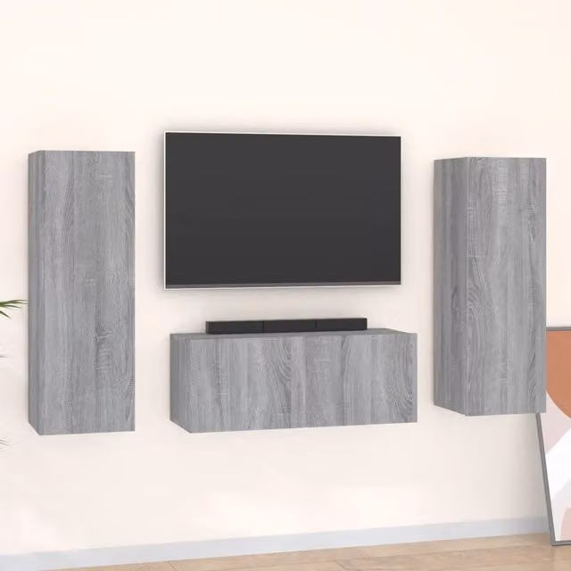 Set Mobili Porta TV 3 Pezzi Design In Grigio Sonoma in Legno Multistrato L: 80 cm, P: 30 cm, H: 30 cm