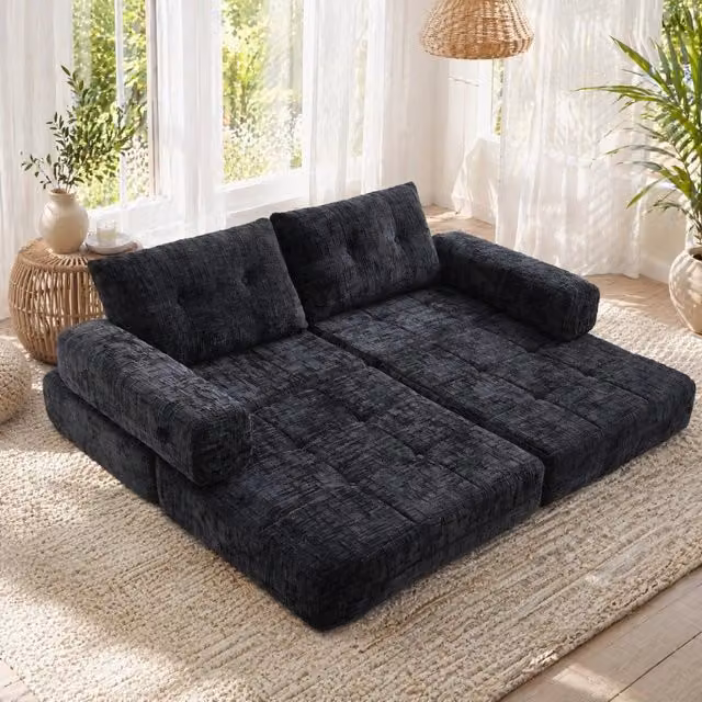 Divano letto pieghevole REDOM in tessuto chenille nero con cuscini L/P/H: 180 x 79 x 18 cm