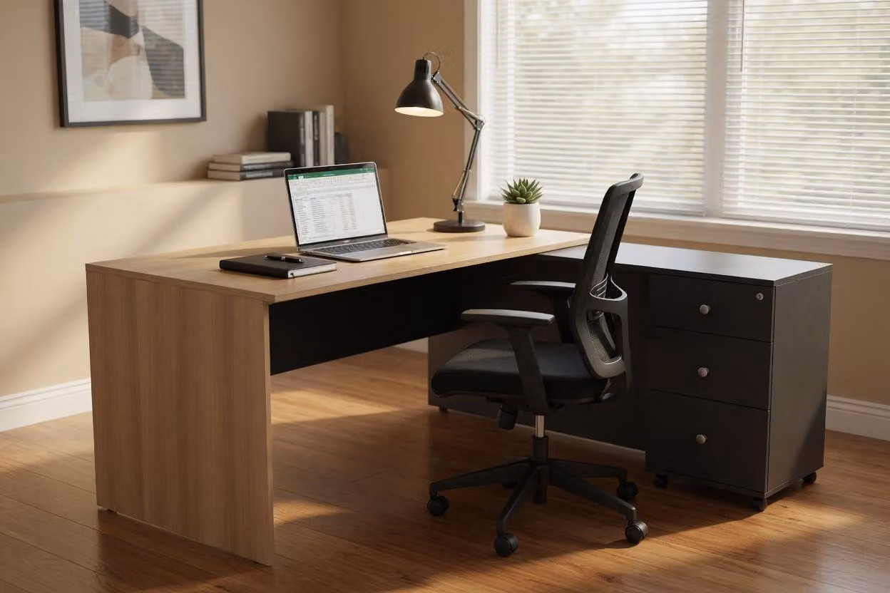 Scrivania pratica con spazio contenitivo e design moderno, realizzata in legno