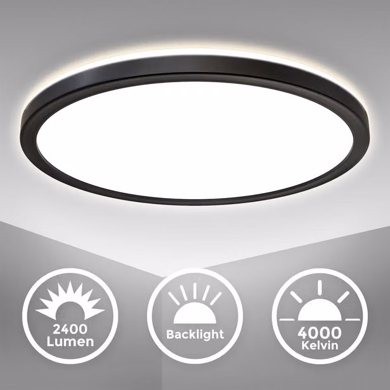 B.K.Licht Plafoniera LED con illuminazione indiretta, ultra piatta 2,8cm, LED integrati 18W, 2400Lm, luce bianca naturale 4000K, Ø29cm, Lampada da soffitto con contorno nero, retroilluminazione IP20