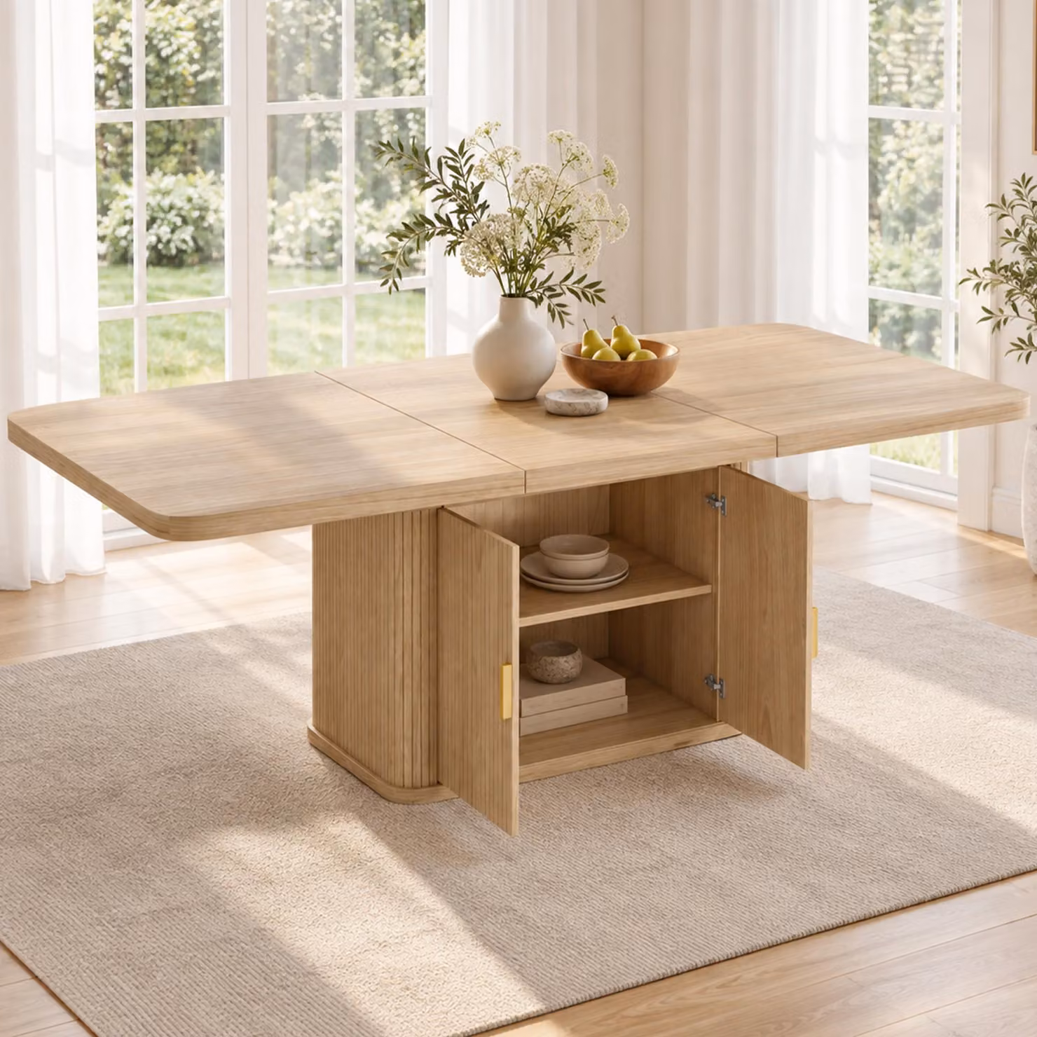 Tavolo allungabile per sala da pranzo con piano spesso, tavolo da cucina con spazio contenitivo, adatto per 6-8 persone, dimensioni 150/200 x 90 cm, finitura naturale