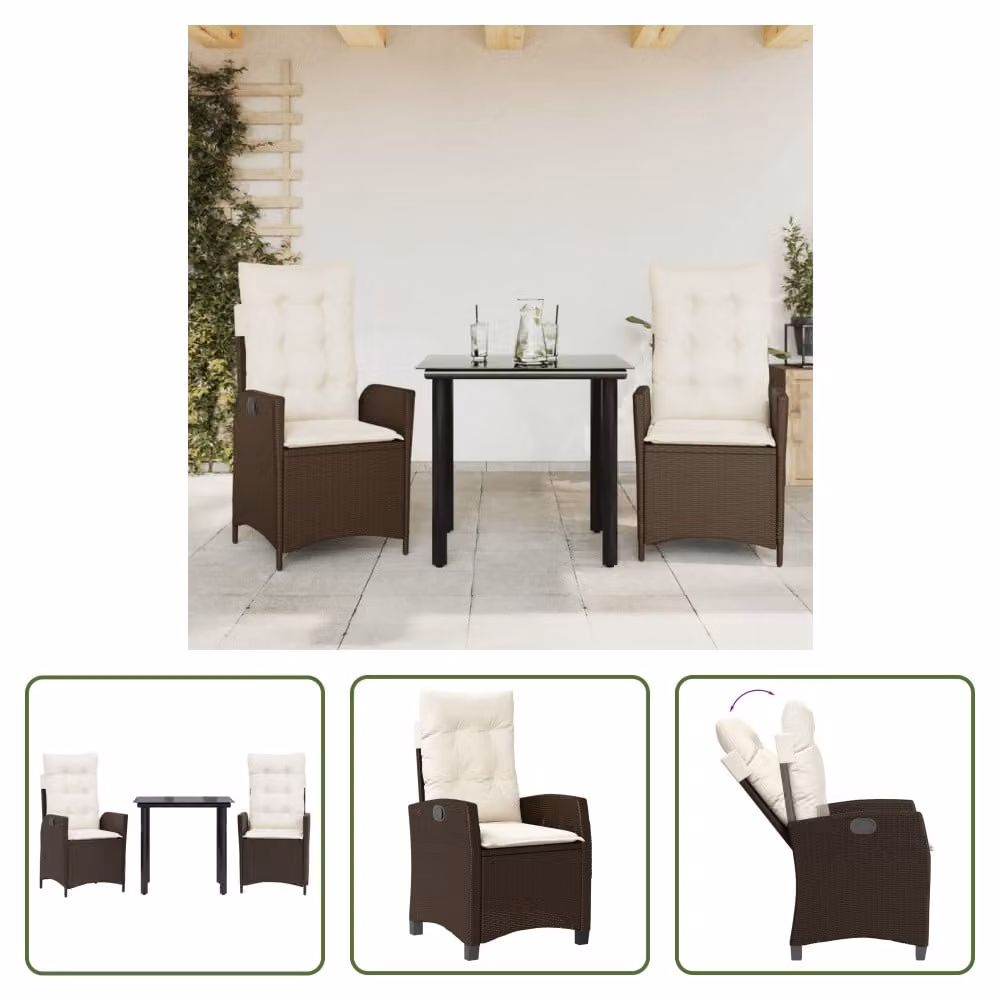 The Living Store Set da pranzo da giardino in 3 pezzi con cuscini in poly rattan marrone
