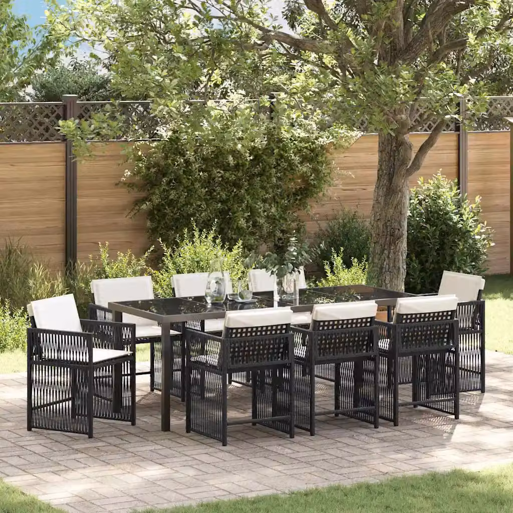 Set da pranzo per giardino e terrazzo vidaXL in polyrattan nero con tavolo in vetro, 9 pezzi