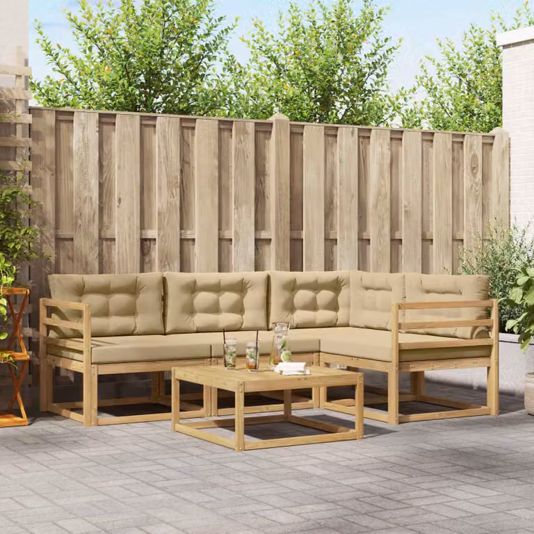 Set di divani da esterno vidaXL a forma di L composto da 5 pezzi con tavolino da caffè, in legno di acacia e tessuto resistente ai raggi UV, colori bianco, beige e marrone