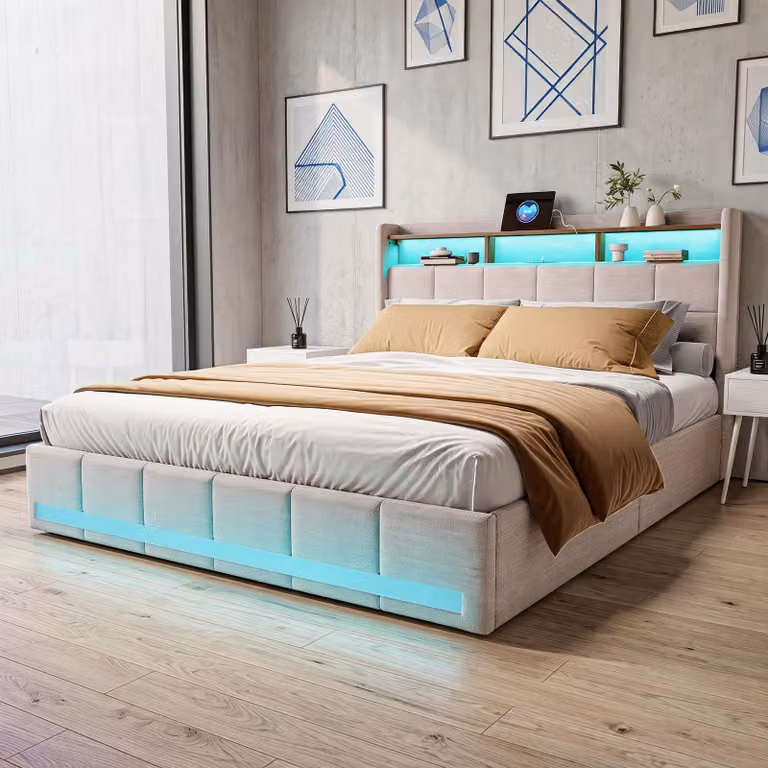 Letto imbottito INONEFT, 160x200 cm, con prese USB e di tipo-C, letto per ragazzi o matrimoniale con 4 cassetti, letto contenitore con rete a doghe e illuminazione LED, colore: lino, beige