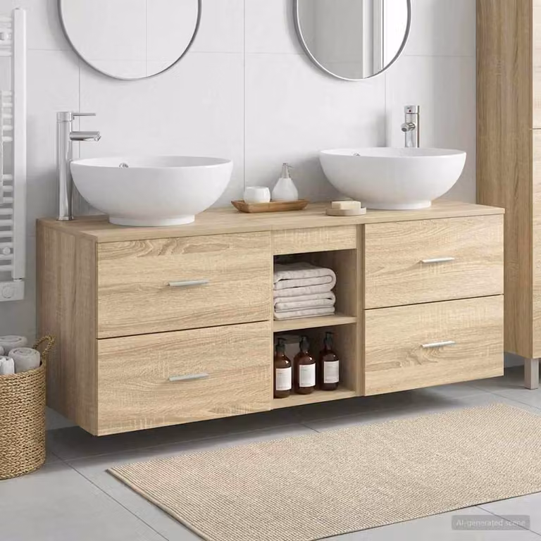 Set di mobili per il bagno moderno vidaXL composto da 3 pezzi in legno marrone con dettagli argento, include mobile lavabo e pensile a parete
