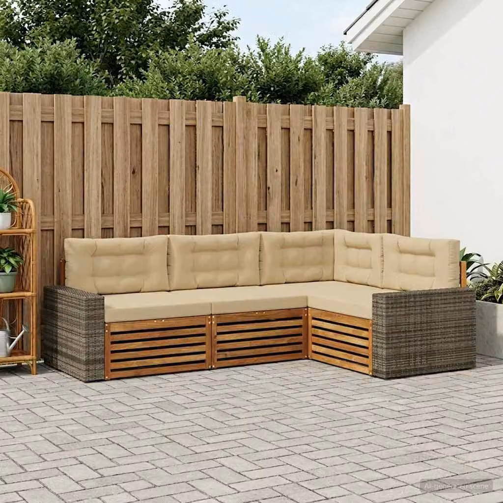 Set di divani da esterno vidaXL a forma di L composto da 4 pezzi in legno di acacia con cuscini beige e marrone in poliestere resistente ai raggi UV