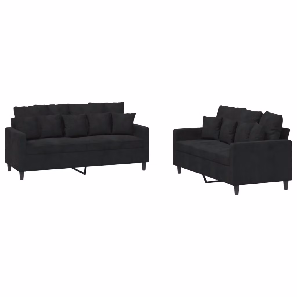 Set di 2 divani vidaXL in velluto nero con cuscini per soggiorno in stile moderno – 2