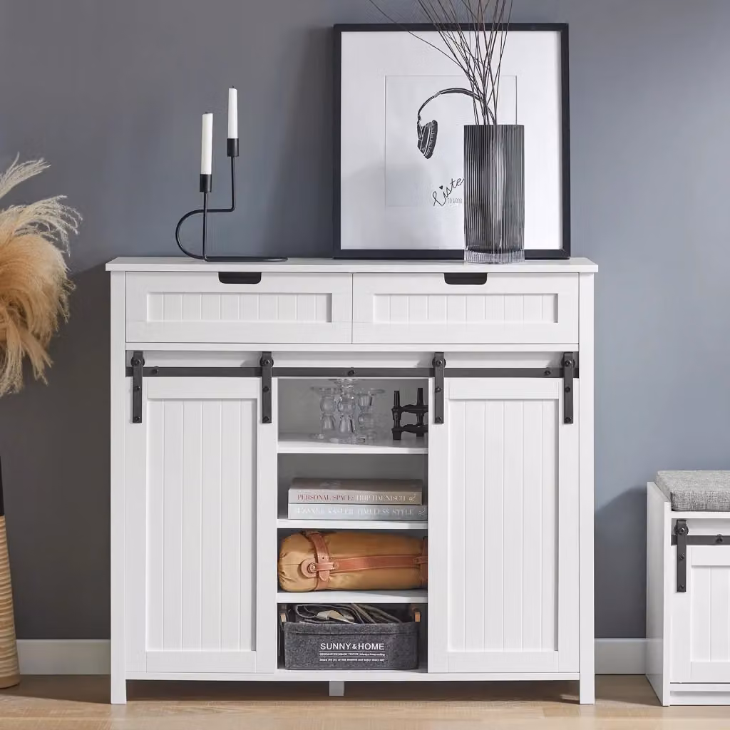 Credenza buffet SoBuy con ante scorrevoli e cassettiera, mobile da cucina moderno bianco, L 104 cm x P 35 cm x H 93 cm – 2