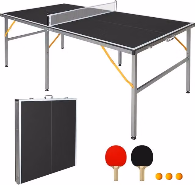 Tavolo da ping pong pieghevole ULEVR 182x91x76,2 cm con rete, 2 racchette e 3 palline, nero