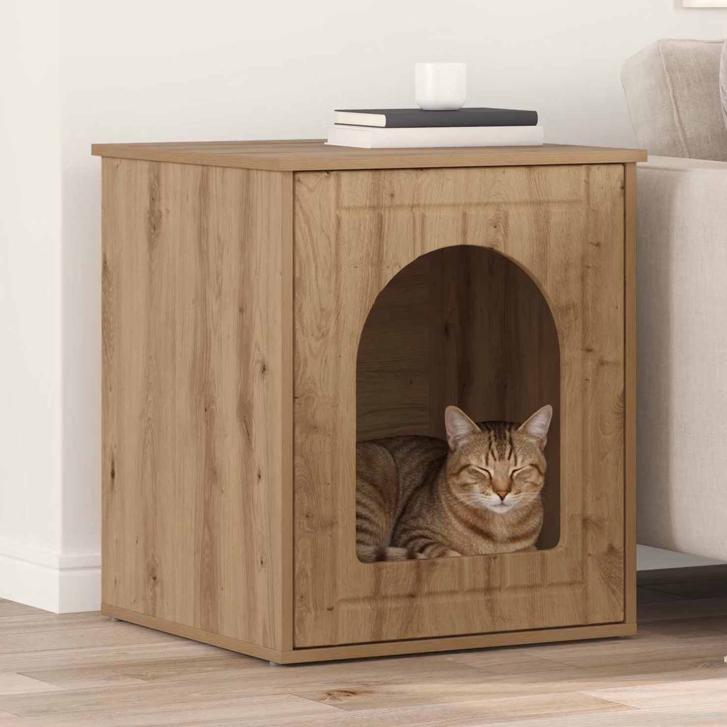 Casa per gatti artigianale vidaXL in legno color rovere, L 53 cm x P 52 cm x H 62 cm