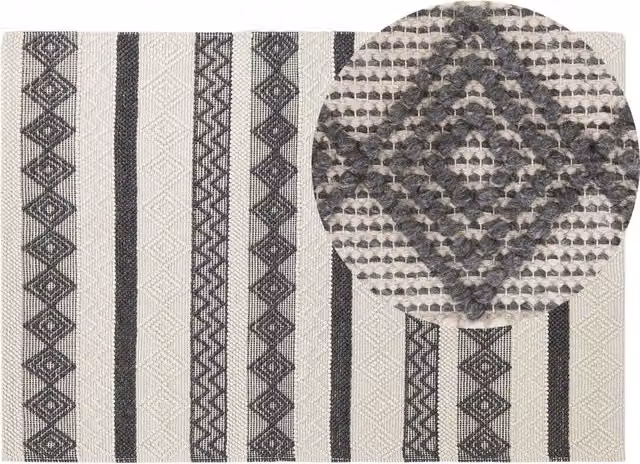 Tappeto Beliani in lana e poliestere intrecciato a mano con motivo geometrico boho beige e grigio L: 200 cm, P: 140 cm – 1