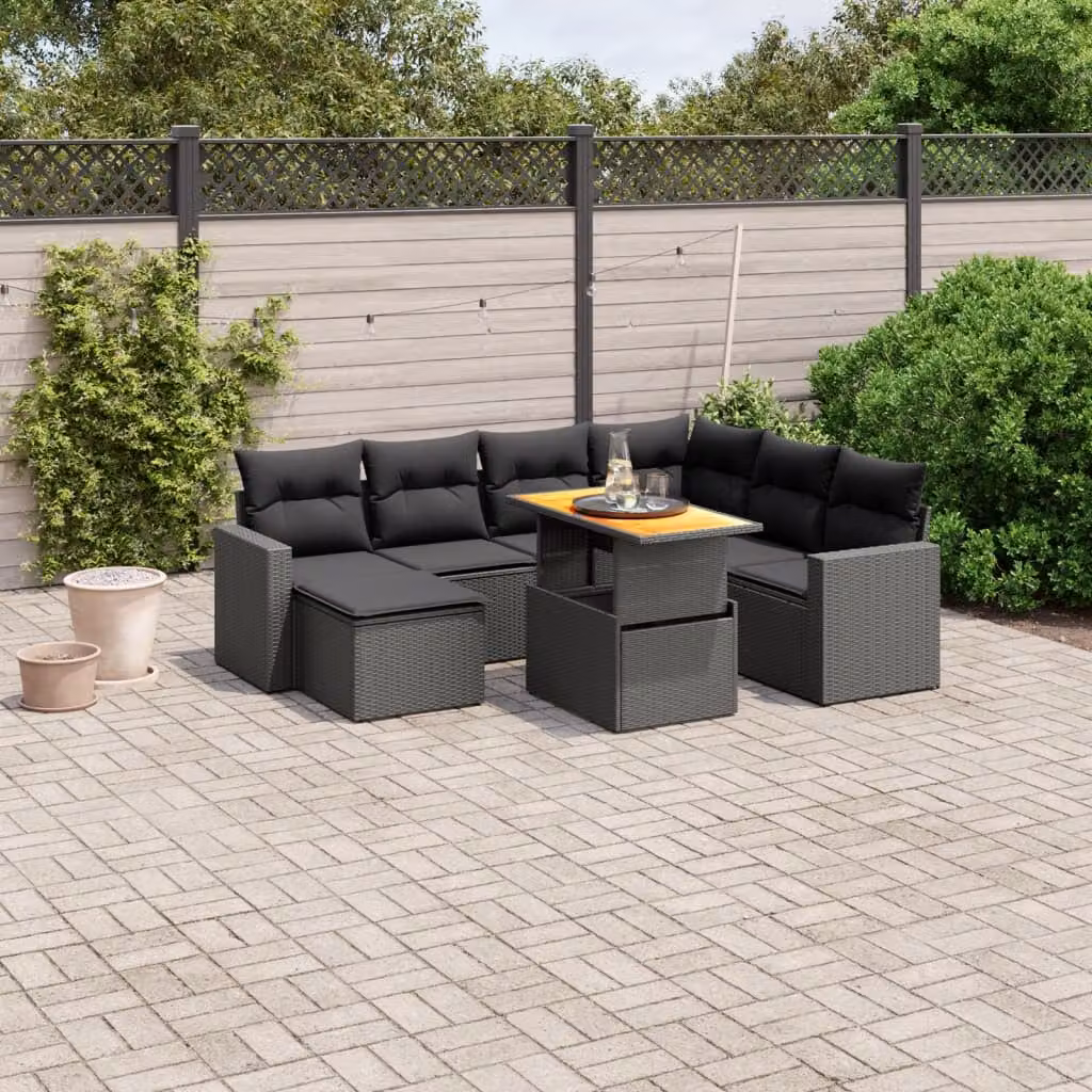 vidaXL Set Divani da Giardino a L in Polyrattan Nero con 8 Pezzi e Cuscini Imbottiti – 1