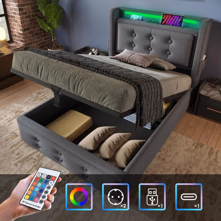 Letto imbottito 90x200, letto singolo con testata a Led e USB C, letto idraulico, grigio, senza materasso
