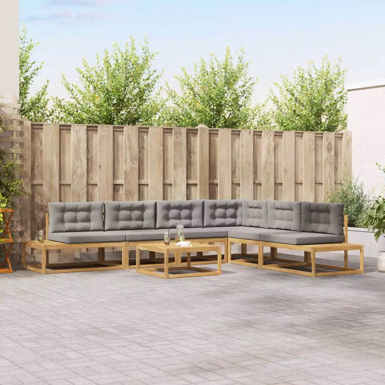 Set di divani da esterno a L vidaXL in legno di acacia con 7 pezzi, colore grigio e bianco, compreso di cuscini e tavolino da caffè